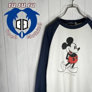 ディズニー(Disney)の[古着]ディズニー　長袖　Tシャツ　ロンT　プリント　ラグラン　ミッキー　紺　白(その他)