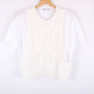 ザラ(ZARA)のザラ Tシャツ 半袖 ニット レイヤード コットン100％ トップス レディース USA Sサイズ ホワイト ZARA(Tシャツ(半袖/袖なし))