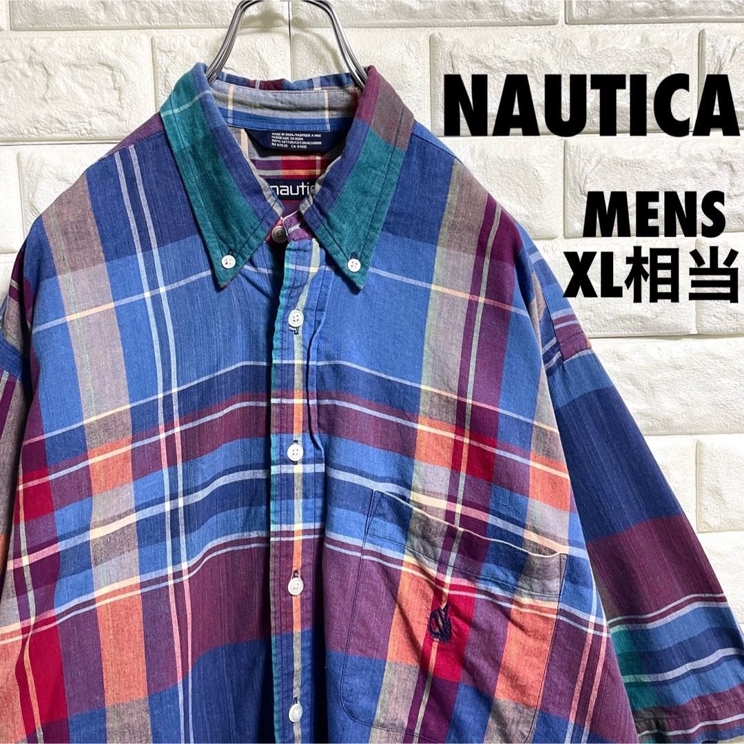 NAUTICA(ノーティカ)のノーティカ　半袖チェックシャツ　刺繍ロゴ　メンズXLサイズ相当 メンズのトップス(シャツ)の商品写真