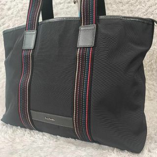 ポールスミス(Paul Smith)の【美品】ポールスミス マルチストライプ トートバッグ A4 大容量 ロゴ金具 黒(トートバッグ)