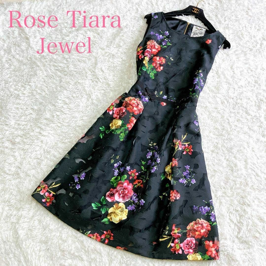 Rose Tiara(ローズティアラ)の美品 ローズティアラ ジュエル ひざ丈ワンピース 42 XL 花柄 総柄 レディースのワンピース(ひざ丈ワンピース)の商品写真