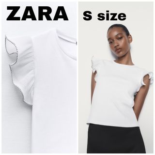 ザラ(ZARA)のZARA　オーガンザフリル トップス　Sサイズ　ホワイト(Tシャツ(半袖/袖なし))