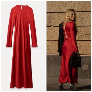 ザラ(ZARA)のZARA ZW COLLECTION サテン ロングワンピース リボン レッド(ロングワンピース/マキシワンピース)