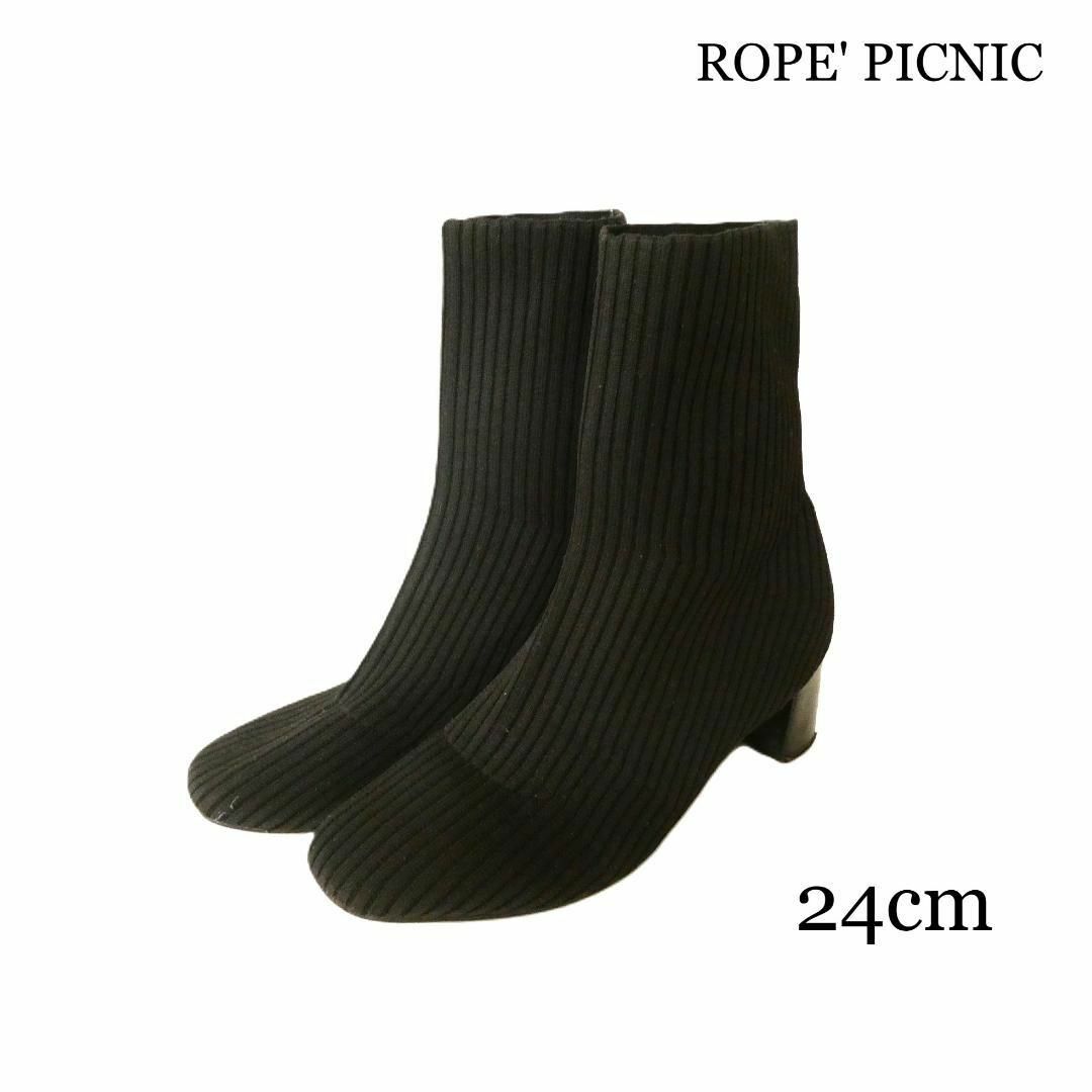 Rope' Picnic(ロペピクニック)の良品 ロペピクニック スクエアトゥ チャンキーヒール ショートブーツ 24 黒 レディースの靴/シューズ(ブーツ)の商品写真