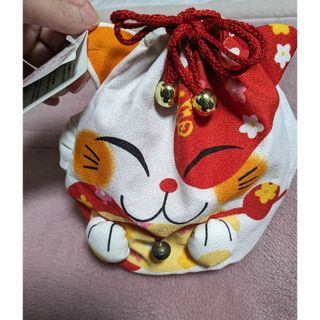 未使用　ちりめん素材　招き猫巾着♡(和装小物)