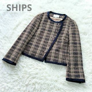 SHIPS シップス ノーカラーツイードジャケット ピンク系 M 日本製