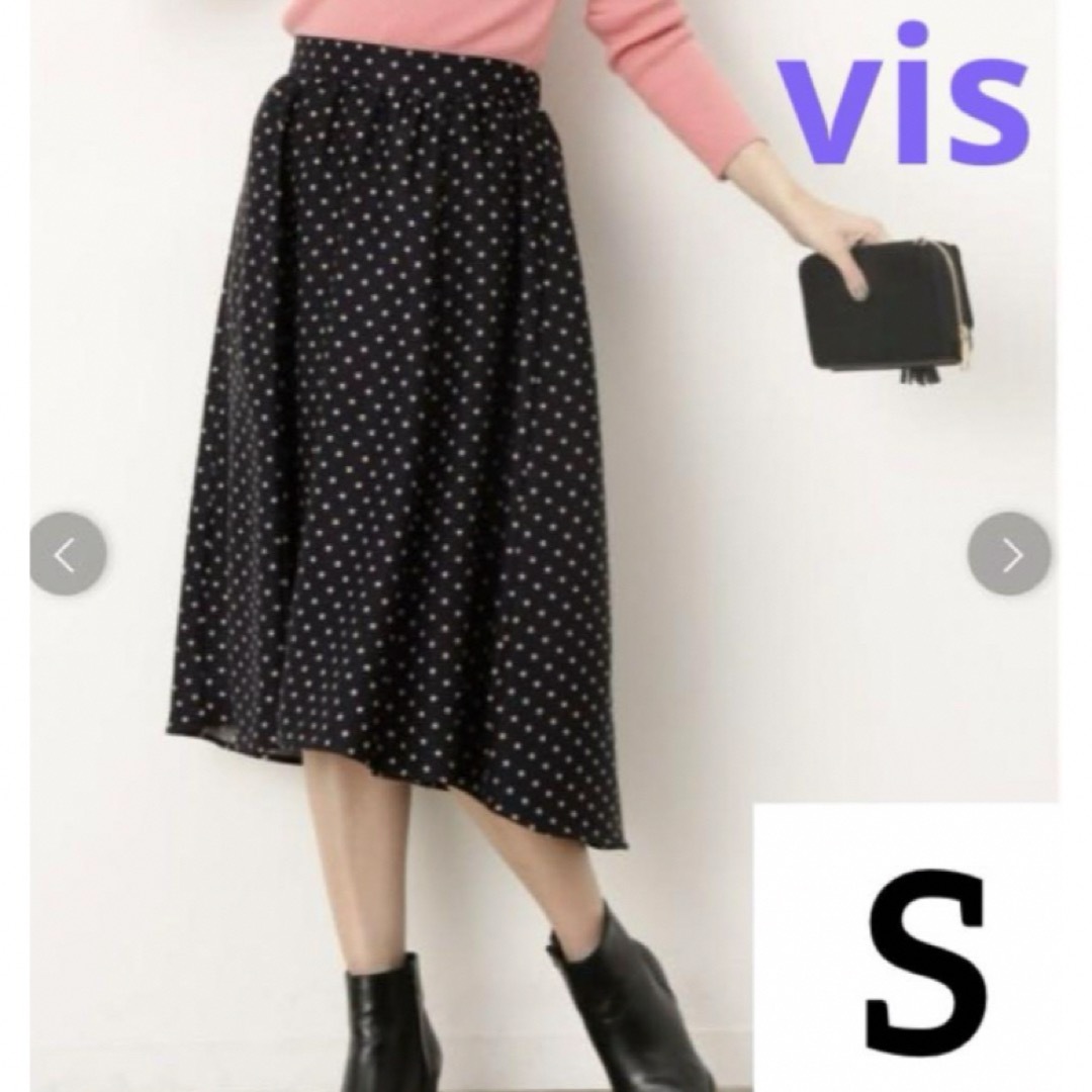 ViS(ヴィス)の【美品】ビス vis ドットフレアスカート S ブラック 春 ウエストゴム 黒 レディースのスカート(ひざ丈スカート)の商品写真