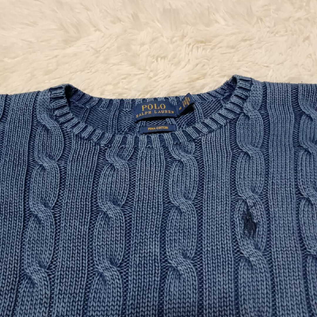 POLO RALPH LAUREN(ポロラルフローレン)の美品　ポロラルフローレン　ケーブルニット　コットン100%　くすみブルー　M レディースのトップス(ニット/セーター)の商品写真