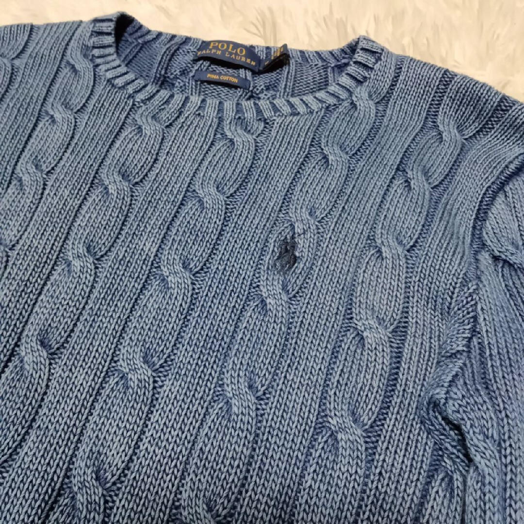 POLO RALPH LAUREN(ポロラルフローレン)の美品　ポロラルフローレン　ケーブルニット　コットン100%　くすみブルー　M レディースのトップス(ニット/セーター)の商品写真