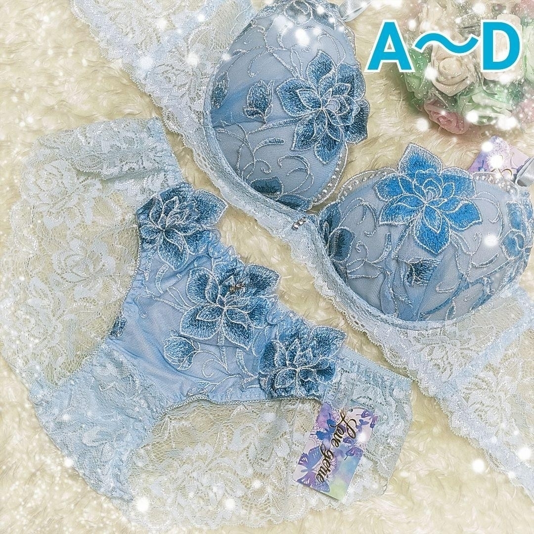 A～D❤サックス✨立体フラワー バック透け/脇高 ブラ＆ショーツセット レディースの下着/アンダーウェア(ブラ&ショーツセット)の商品写真