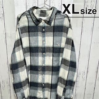 シャツ(shirts)のUSA古着　長袖シャツ　リネン　XLサイズ　チェック柄　グレー　ホワイト　麻(シャツ)