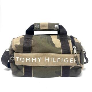 TOMMY HILFIGER(トミーヒルフィガー) ハンドバッグ美品  - カーキ×ダークブラウン×マルチ 迷彩柄 コットン