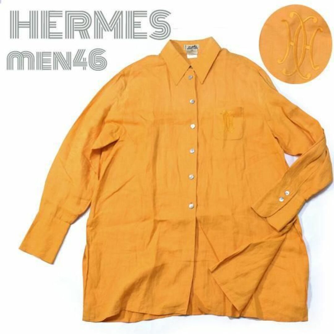 Hermes(エルメス)のエルメス■H刺繍リネン長袖シャツ オレンジ メンズ46/　大きめレディース レディースのトップス(シャツ/ブラウス(長袖/七分))の商品写真