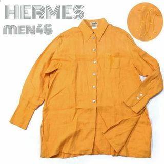 エルメス(Hermes)のエルメス■H刺繍リネン長袖シャツ オレンジ メンズ46/　大きめレディース(シャツ/ブラウス(長袖/七分))