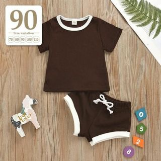 90ブラウン〔配色セットアップ〕子供服半袖Tシャツショートパンツパジャマ体操着服(パジャマ)