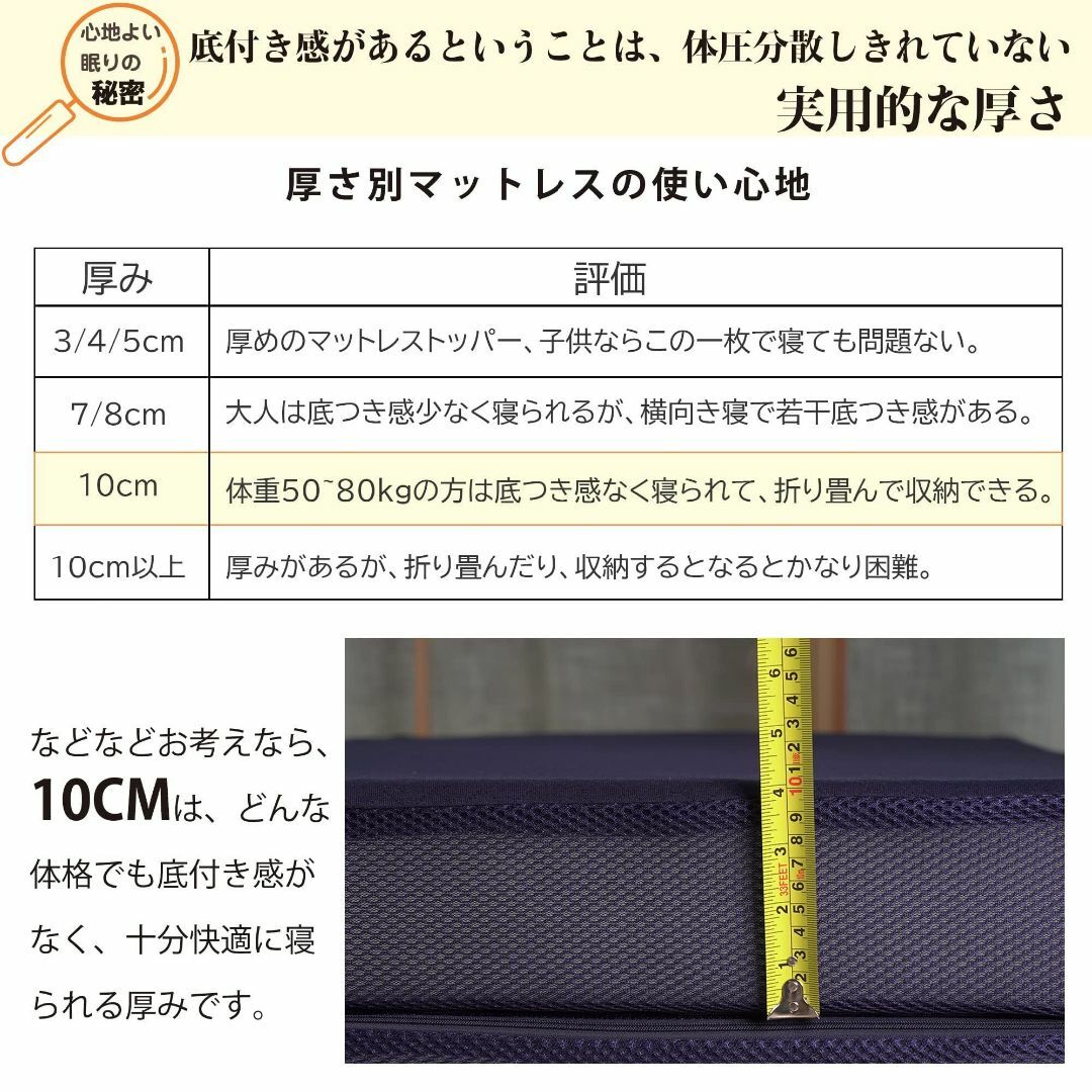 【色: ネイビー】マットレス ダブル 三つ折り 折り畳み 極厚10cm 「純」高 インテリア/住まい/日用品のベッド/マットレス(マットレス)の商品写真