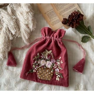 グリモワール(Grimoire)のvintageヴィンテージusedベルベット花刺繍ピンク巾着ポーチ(ポーチ)