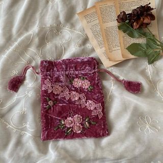 vintageヴィンテージアンティークレトロピンク花刺繍ベルベット巾着ポーチ