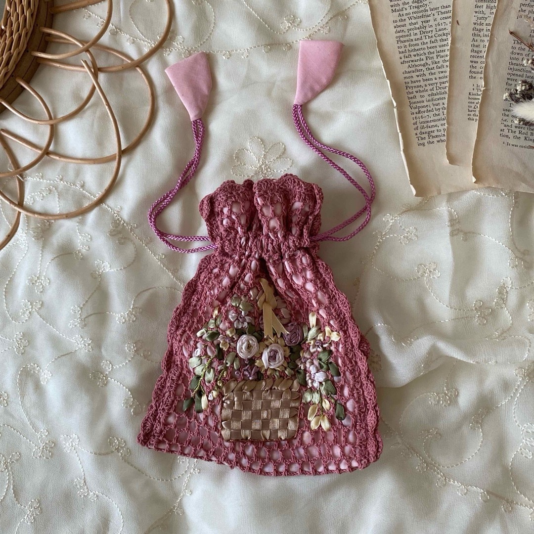 Grimoire(グリモワール)のvintageヴィンテージアンティークpink刺繍かぎ針レース編み巾着ポーチ レディースのファッション小物(ポーチ)の商品写真