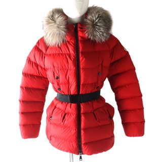 モンクレール(MONCLER)の良品 MONCLER モンクレール 2019年製 CLION クリオン ブルーフロストフォックスファー・フード付き ダウンジャケット レッド×ブラック 0 正規品 レディース(ダウンジャケット)