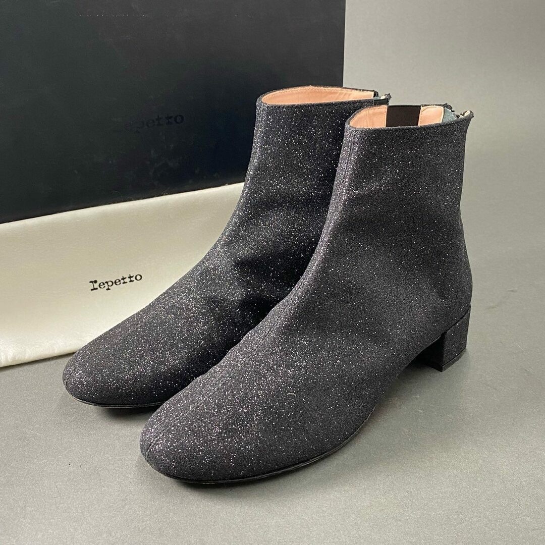 repetto(レペット)の4c8 《美品》 Repetto レペット フランス製 バックジップ アンクルブーツ ヒールブーツ シューズ  ラメ 39 ダークグレー ブラック レザー 山羊革 MADE IN FRANCE レディースの靴/シューズ(ブーツ)の商品写真