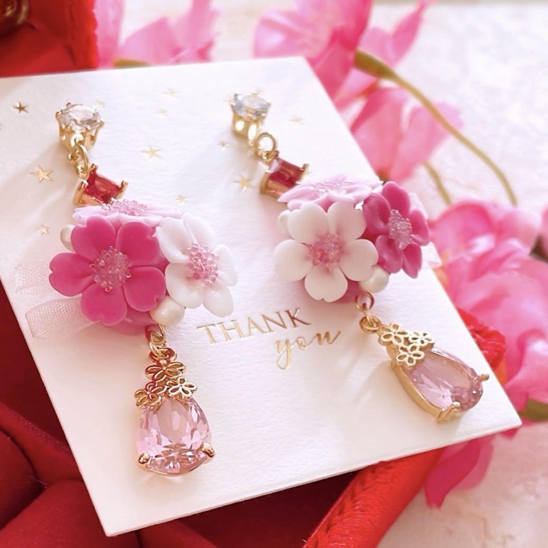 春 桜 ジルコニア 雫 お洒落 ハンドメイド アクセサリー ピアス イヤリング ハンドメイドのアクセサリー(ピアス)の商品写真