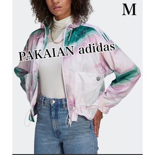 アディダス(adidas)のパカイアンアディダス　ライン入ナイロンジップジャケットM★ホワイトピンクグリーン(ナイロンジャケット)