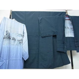 平和屋2■男性　紬　アンサンブル　長襦袢セット(袷)　高麗納戸色　逸品　ox5354(着物)