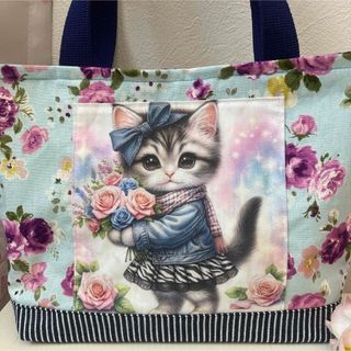 可愛い猫ちゃん　ハンドメイド　ミニトートバッグ　ランチバッグ　パネル生地　花(トートバッグ)