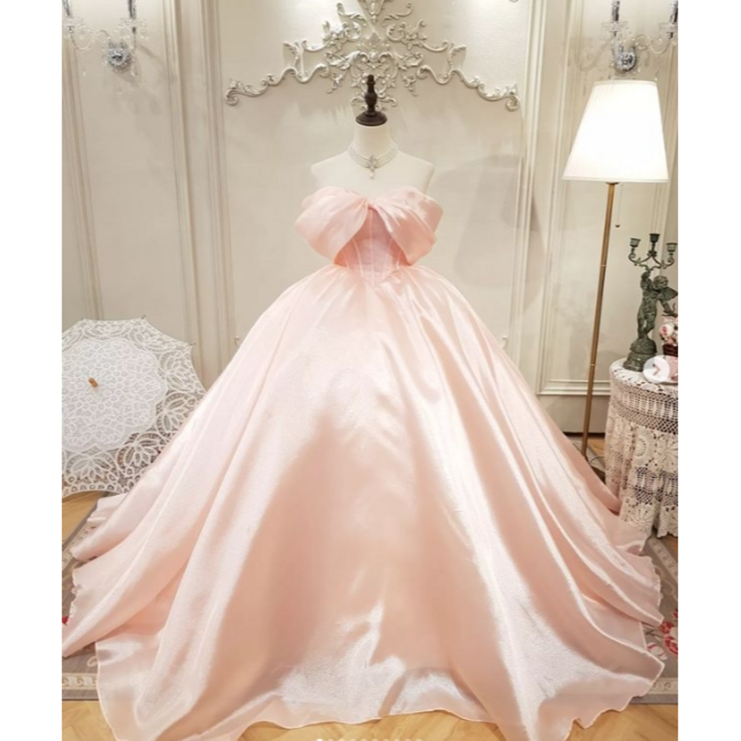憧れのドレス ピンク プリンセスライン オフショルダー 光沢感 憧れのドレス ピンク プリンセスライン オフショルダー 光沢感