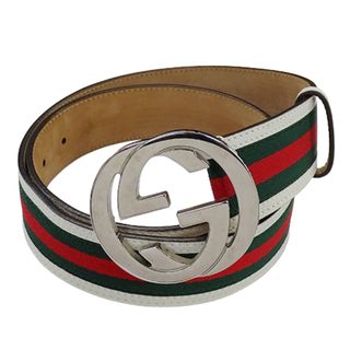 グッチ(Gucci)のグッチ GUCCI ベルト メンズ ブランド レザー キャンバス インターロッキング シェリー ホワイト グリーン レッド シルバー金具 114984 95/38 【中古】(ベルト)