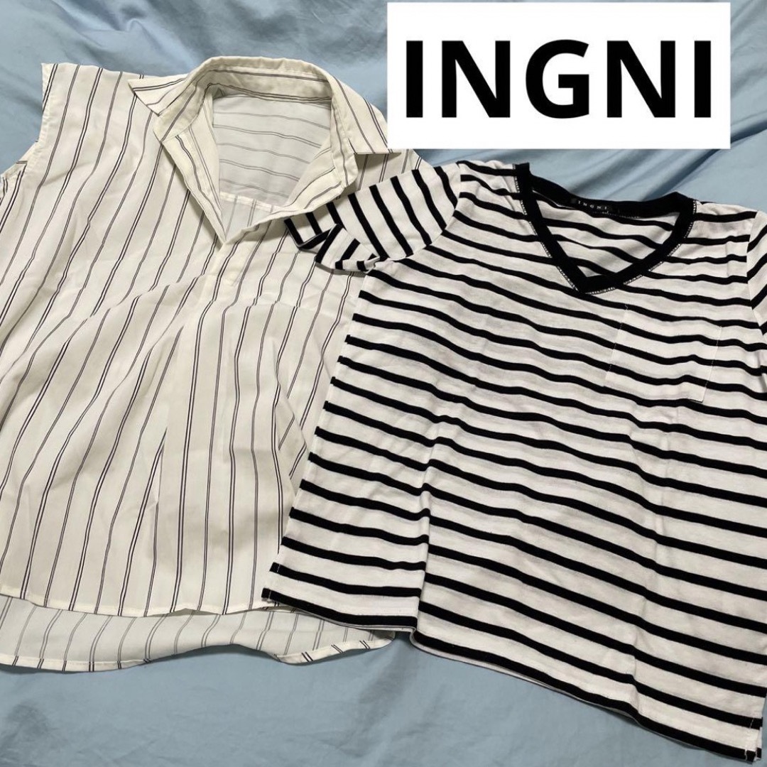 INGNI(イング)のイング　ボーダー　Tシャツ　ブラウス　M ホワイト　ブラック　半袖　ノースリーブ レディースのトップス(Tシャツ(半袖/袖なし))の商品写真