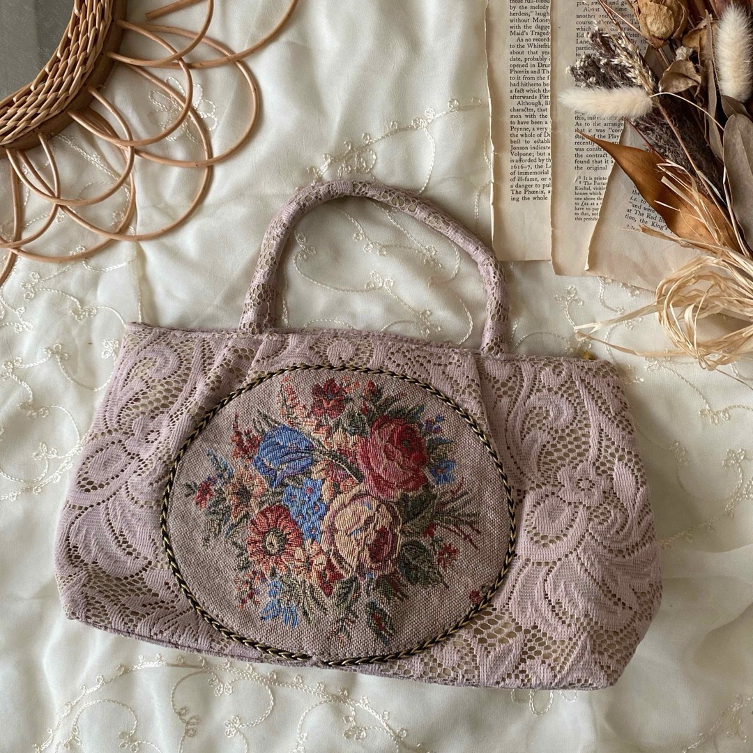 Grimoire(グリモワール)のvintageヴィンテージレトロ古着ピンクゴブラン刺繍レースバッグ レディースのバッグ(ハンドバッグ)の商品写真