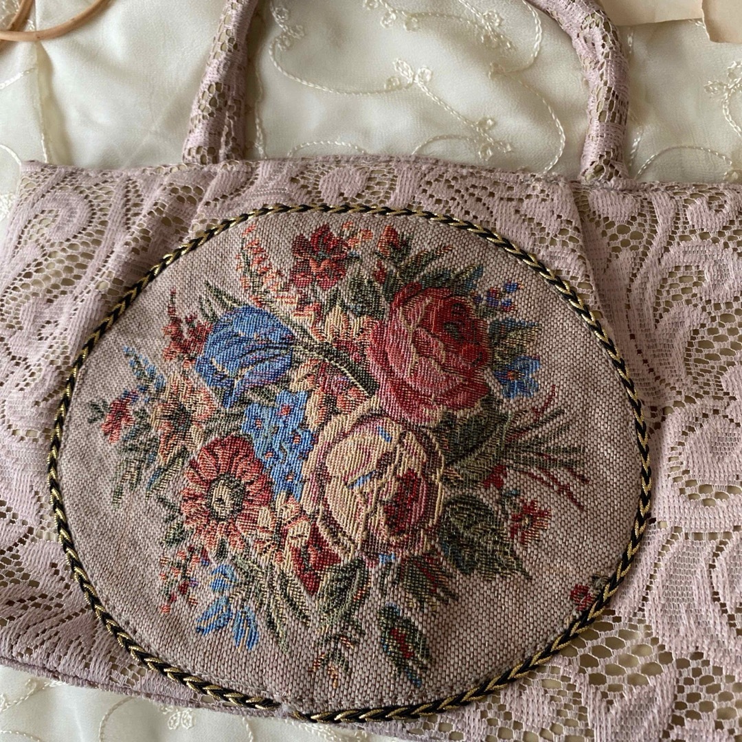 Grimoire(グリモワール)のvintageヴィンテージレトロ古着ピンクゴブラン刺繍レースバッグ レディースのバッグ(ハンドバッグ)の商品写真