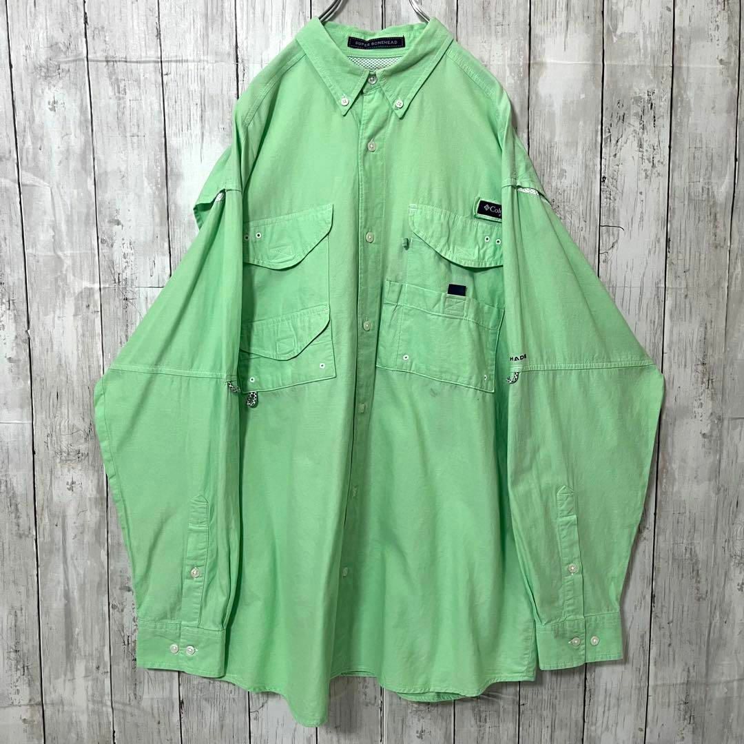 Columbia(コロンビア)のアウトドア古着　コロンビアPFG 2WAYフィッシングBDシャツ　緑　グリーン メンズのトップス(シャツ)の商品写真