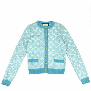 グッチ(Gucci)のGUCCI グッチ カーディガン GG トップス アウター 服 アパレル XS 629452 ライトブルー ゴールド金具 ウール  コットン   レディース 春 秋 美品【中古品】(カーディガン)