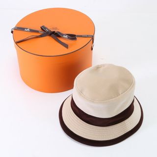 エルメス(Hermes)の美品 エルメス タグ付 バケット ハット ベルベット 調 ベージュ × ブラウン 57 帽子 バケハ 保存箱 付 レディース EEM E16-6(ハット)