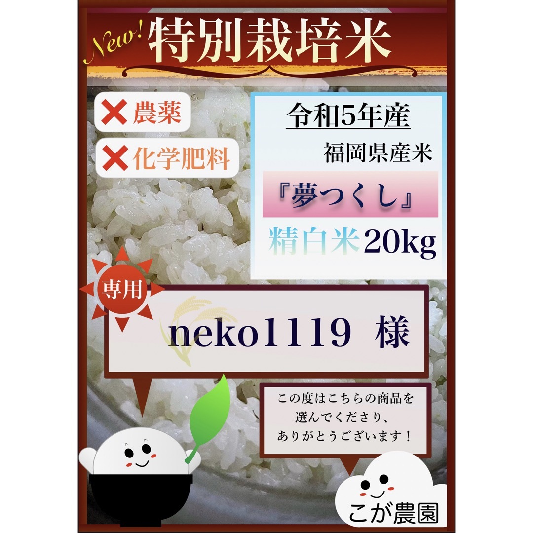 neko1119様専用　福岡県産「夢つくし」令和５年産　精白米20kg 食品/飲料/酒の食品(米/穀物)の商品写真