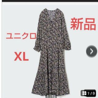 ユニクロ(UNIQLO)の[新品]ユニクロVネックフレアワンピースXL花柄レディース(ロングワンピース/マキシワンピース)