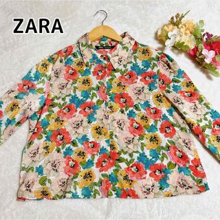 ザラ(ZARA)のZARA 花柄  フラワー レトロ  長袖シャツ ブラウス ショート丈 L(シャツ/ブラウス(長袖/七分))