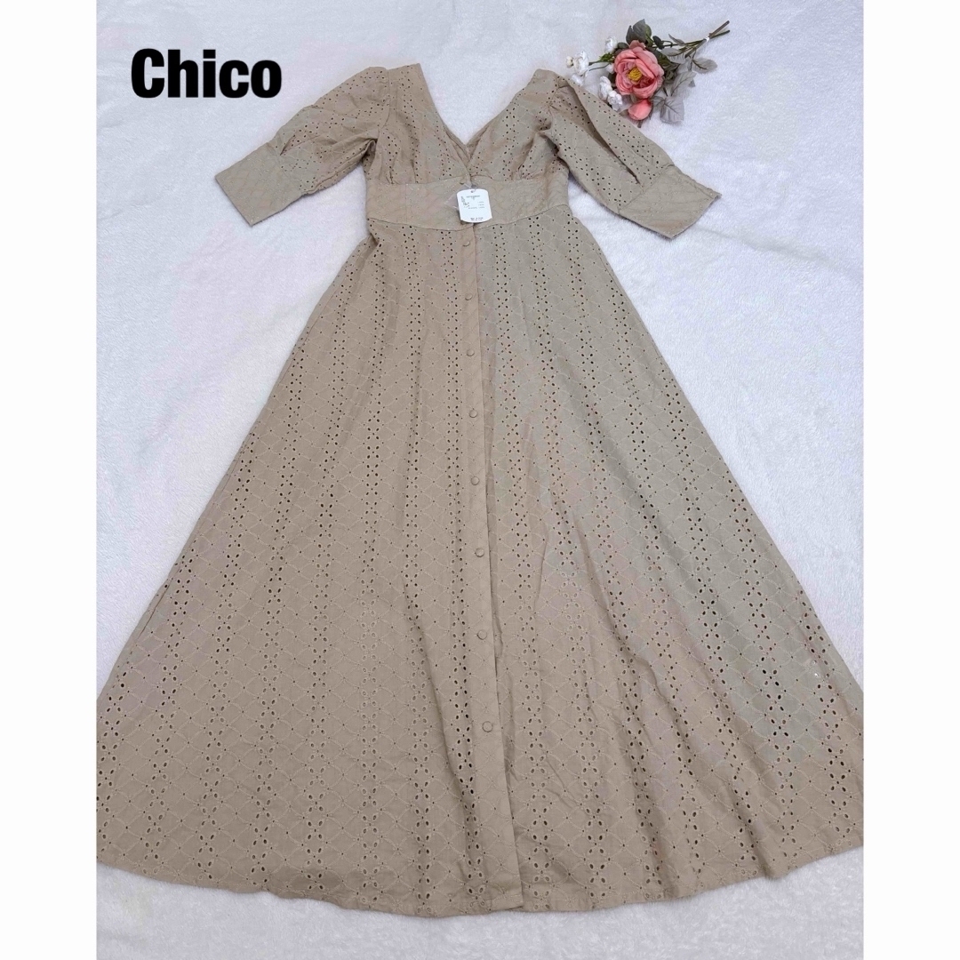 who's who Chico(フーズフーチコ)のChico 5分袖コットンエンパイアワンピース 新品タグ付 レディースのワンピース(ロングワンピース/マキシワンピース)の商品写真