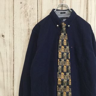 トミーヒルフィガー(TOMMY HILFIGER)の【トミーヒルフィガー ネクタイ付長袖シャツ】ロゴ刺繍 M ネイビー 古着(シャツ)