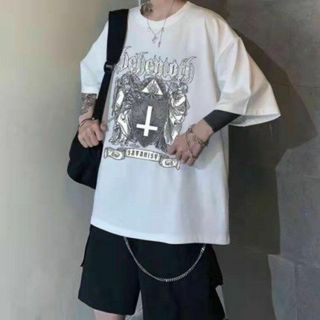 クロス 十字架 半袖 Tシャツ ストリート ビッグシルエット ホワイト 白(Tシャツ/カットソー(半袖/袖なし))