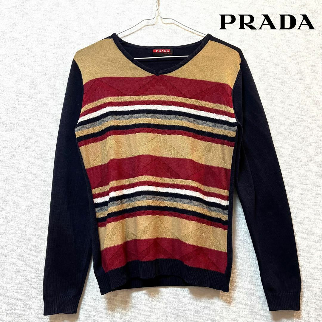 PRADA(プラダ)のPRADA(プラダ) ボーダー柄 幾何学模様ニットセーター ネイビー イタリア製 レディースのトップス(ニット/セーター)の商品写真