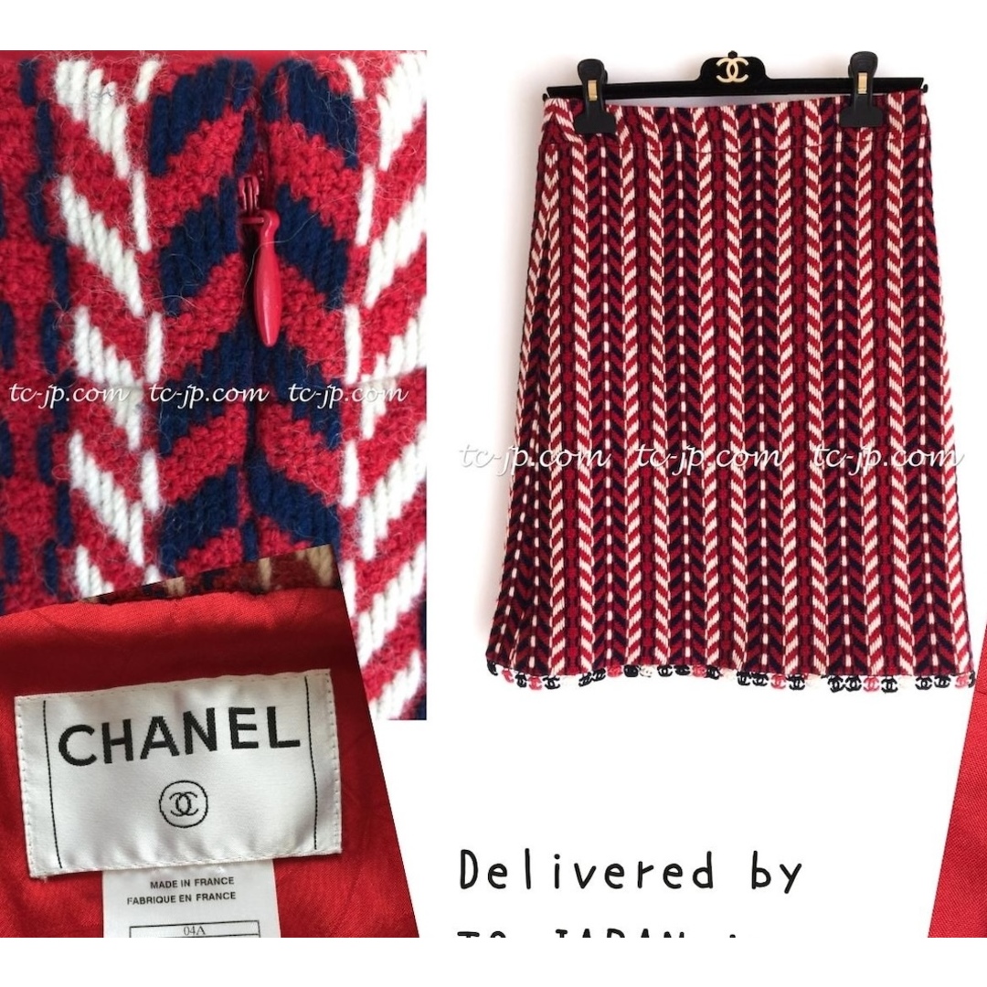 CHANEL(シャネル)のシャネル スーツ CHANEL レッド トリコロール ジャケット スカート カメリアブローチ付 36 38 レディースのフォーマル/ドレス(スーツ)の商品写真