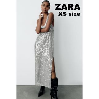 ザラ(ZARA)のZARA　スパンコールワンピース　XSサイズ　シルバー(ロングワンピース/マキシワンピース)