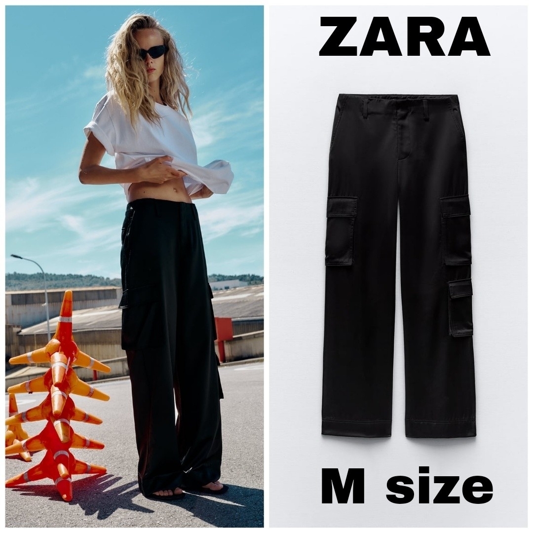 ZARA(ザラ)のZARA　サテン カーゴパンツ　Mサイズ　ブラック レディースのパンツ(ワークパンツ/カーゴパンツ)の商品写真