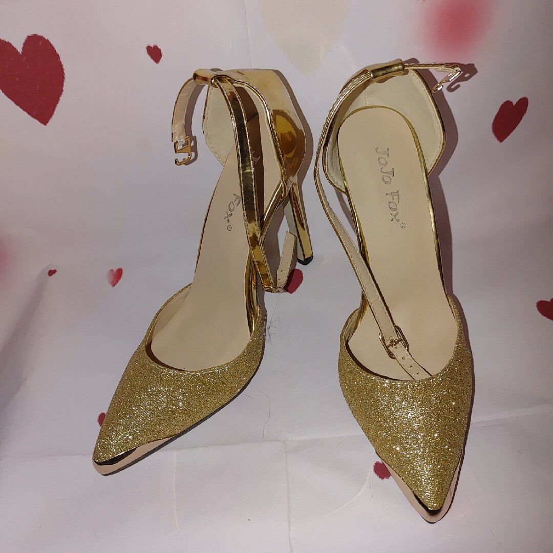 ゴールドラメアンクルストラップハイヒールパンプスピンヒール レディースの靴/シューズ(ハイヒール/パンプス)の商品写真
