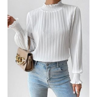 シーイン(SHEIN)のSHEIN Frenchy スタンドカラー フリル袖シャツ 長袖 白 ホワイト(シャツ/ブラウス(長袖/七分))