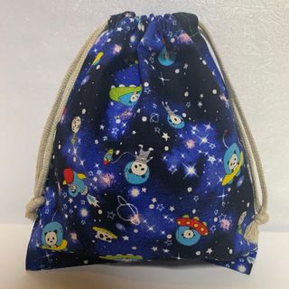 パンダ宇宙旅行　ブルー系巾着袋　ハンドメイド(外出用品)